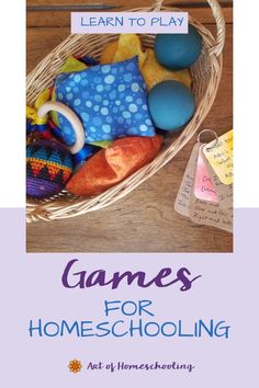 a basket filled with toys sitting on top of a wooden table next to a sign