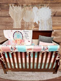 Custom Girl Crib Bedding- Dream Catcher Baby Bedding Collection - DBC Baby Bedding Co Nursery Dream Catcher, Boho Crib Bedding, Boho Crib, Crib Bedding Neutral, Neutral Crib, Dreamcatcher Design, Custom Crib, Rail Guard, Crib Bedding Girl