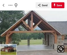 an outdoor pavilion with stone pillars and wood beams