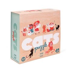 a wooden puzzle box with cats on it