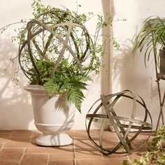 two potted plants sitting next to each other on top of a tile floor in front of a white wall