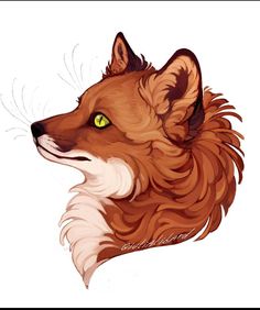 a drawing of a fox with green eyes and long hair on it's head