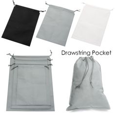 drawstring bags are shown in four different colors