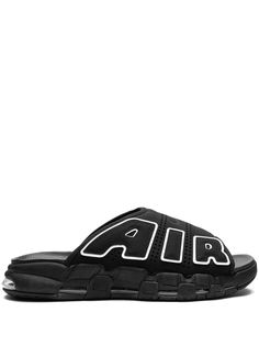 black faux leather appliqué logo open toe branded insole rubber sole with Max Air cushioning Nike Air More Uptempo, Nike Air More, White Slides, Iconic Bags, Ballet Pumps, Boot Pumps, Boots Fall, Pump Sandals, Artificial Leather