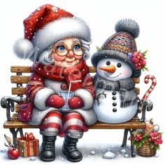 an old lady sitting on a bench next to a snowman with a drink in her hand