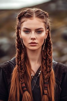 Women Viking Hair Wedding, Viking Braids Half Up Half Down, Viking Braided Hairstyles For Women, Modern Viking Hairstyles Women, Viking Half Up Hair, Viking Braid Wedding Hair, Long Fairy Hairstyles, Braided Medium Length Hair, Women Viking Braids