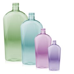 three different colored bottles are shown side by side