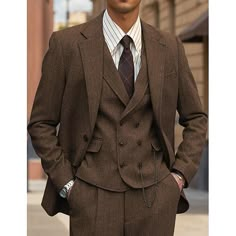 Category:Tweed Suits; Embellishment:Pocket; Season:Fall,Winter; Fabric:Tweed; Front Closure:Single-Breasted Buttons; Style:Retro Vintage; Includes:Vest,Pants,Jacket; Occasion:Wedding; Fit Type:Tailored Fit; Jacket Buttons:Single Breasted Two-buttons; Jacket Vents:None; Jacket Pockets:Straight Flapped; Vest Buttons:6; Pattern:Herringbone; Listing Date:06/26/2024; Production mode:External procurement; Pant Length:null; Pants Waist:null; Shoulder Width:null; Sleeve Length:null; Bust:null; Hips:null; Clothing Length:null; Number of Pieces:3 Piece; Design:Classic; Clothing Waist:null Vintage Mens Suits Wedding, Brown And Black Tuxedo, 1920 Suits Men, Tweed Herringbone Suit, Suit Vests Men, Old School Groomsmen Attire, Dark Brown Suits For Men, Mens Tweed Suit Vintage, Herringbone Suit Men