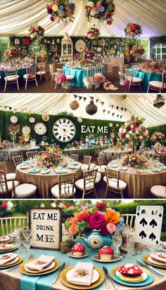 the tables and chairs are set up for an outdoor wedding or party with colorful flowers on them