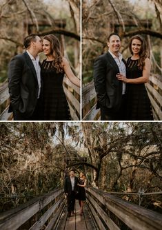 a man and woman standing on a wooden bridge