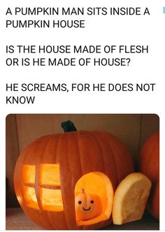 a pumpkin carved to look like a house with a hole in the front and inside