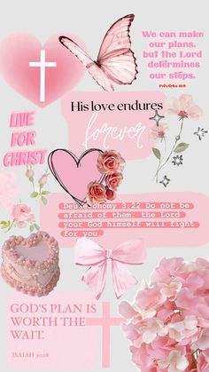 a pink poster with flowers, hearts and a cross