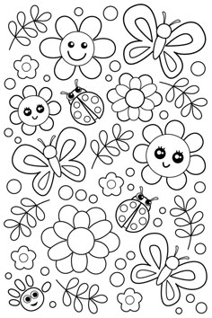 an image of flowers and butterflies coloring pages