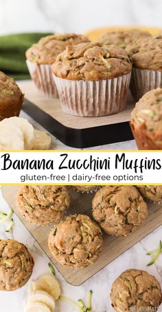 banana zucchini muffins on a cutting board with other muffins