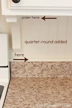 a kitchen counter with the words under here and quarter round added here