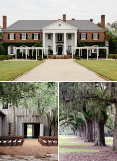 the front and side of a large house with trees on each side, in different pictures