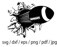 a black and white drawing of a football ball breaking through the background with words svg / dxf eps / png / png