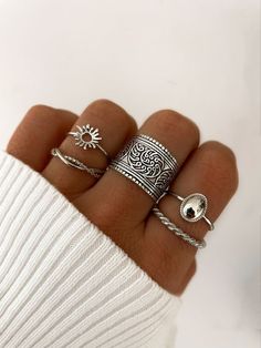 Silver Rings Combination, Rings Models, Silver And Gold Rings, Chunky Silver Jewellery, Ethereal Jewelry, Sun Ring, Surf Jewelry, Fish Jewelry, Sweet Jewelry