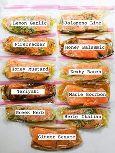 salmon wrapped in cellophane and labeled with different types of ingredients for the recipe