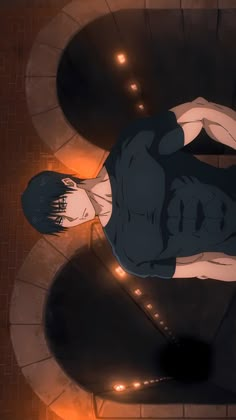 an anime character standing in front of a fire place with his hands on his hips