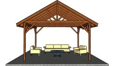 an outdoor living area with couches, tables and a wooden structure on the ground