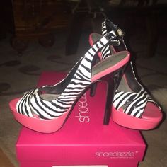 Shoedazzle Pink & Black Zebra Print Heels Brand New With Box Black High Heels With Zebra Print, Spring Zebra Print High Heels, High Heel Zebra Print Party Heels, Chic Zebra Print High Heels, 2000s Birthday Party Theme, Zebra Print Clothes, Zebra Heels, Zebra Print Heels, Y2k Heels