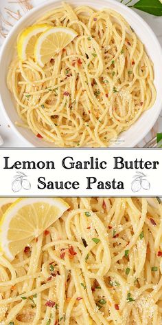 lemon garlic butter sauce pasta in a white bowl