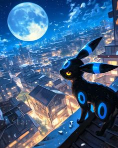 a rabbit standing on top of a roof in front of a cityscape at night