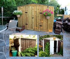 a collage of photos showing different types of outdoor furniture and garden items in various stages of construction