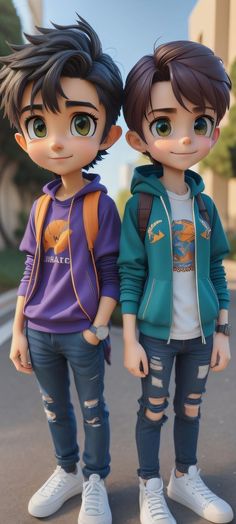 two young children standing next to each other on the street with their eyes wide open