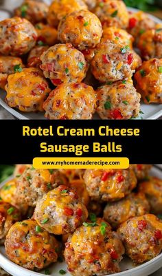 two plates filled with cheese balls on top of each other and the title reads, rottel cream cheese sausage balls