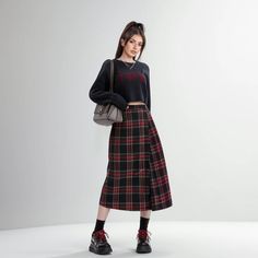 Olivia Mark - Scottish Plaid High-Waisted A-Line Skirt with Tasteful Design Casual Plaid Winter Skirt, Casual Plaid Skirt For Winter, Preppy Fall Skirt, High Waist Plaid Pleated Skirt, Trendy Plaid Skirt For Winter, Preppy Plaid Bottoms For Fall, Casual Plaid Pleated Skirt, Trendy Plaid Pleated Skirt For Fall, Preppy Plaid Skirt For Fall