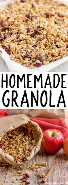 homemade granola with apples and cranberries in the background