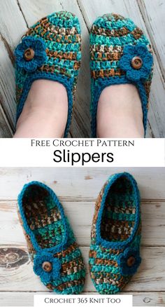 crocheted slippers with buttons on the front and bottom, are shown in two different colors