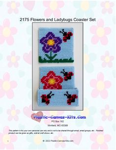 two cross stitch coasters with flowers and ladybugs on them