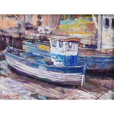 an oil painting of a boat docked in the water with other boats behind it,