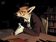 a fox in a suit sitting at a desk with a book on it's lap