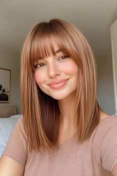 12. Medium Cut with Blunt Bangs in Warm Amber Brown (Medium Length Hairstyles With Bangs) - Medium Length Hairstyles With Bangs Bangstyle Hair Medium, Bangstyle Hair, Medium Length Hairstyles With Bangs, Medium Length Bobs, Layered Haircuts For Women, Textured Bangs, Medium Length Hairstyles, Medium Layered Haircuts, Medium Bob Hairstyles