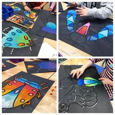 four pictures of children making art with colored paper