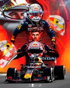 a man sitting on top of a racing car next to another man with a helmet