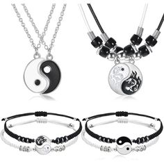 Meaningful Set For Loved Ones: You Will Receive 4 Pieces Stainless Steel Pendant Necklaces, 4 Pieces Bracelet Accessories, Enough Quantity For Sharing With Friends, Family, Boyfriend, Girlfriend, Best Friend And So On, Help You Show Your Sweet Love, Close Friendship And Happy Family Atmosphere Between You Nice Design: Both The Puzzle Couple Necklaces And Adjustable Cord Bracelets Consist Of Black And White Colors, Which Can Be Matched Together To Form A Complete One, A Good Matching Puzzle Neckl Adjustable White Necklace For Friendship, Trendy Black Friendship Jewelry, Personalized Black Couples Jewelry, Couple Matching Bracelets, Jing Y Jang, Puzzle Necklace, Matching Necklaces For Couples, Close Friendship, Set Couple