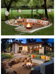 an outdoor fire pit in the middle of two pictures