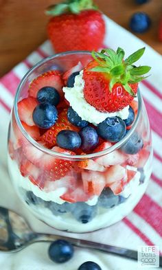 a bowl filled with fruit on top of a red white and blue table cloth next to two strawberries