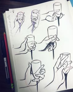 an open book with drawings of different hands holding wine glasses and drinking beverages on it