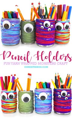 Yarn Wrapped Monster Pencil Holders Used Pencil Crafts, Cute School Crafts, Back To School Diy Ideas, Homemade Pencil Holders, Yarn Monsters Craft, Tin Can Pencil Holder Diy, Pencil Craft Ideas, Can Pencil Holder Diy, Back To School Kids Crafts