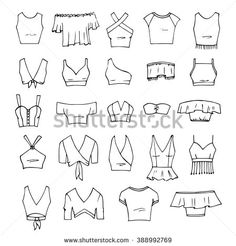 hand drawn clothes and bras for women, isolated on white background with clipping