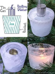 three different types of candle holders made out of ice