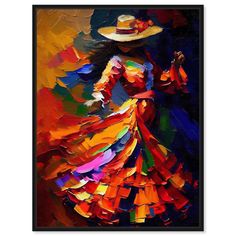 an abstract painting of a woman in a colorful dress and hat with her arms outstretched