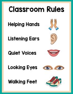 a poster with the words, classroom rules and images for listening ears quiet voices looking eyes walking feet