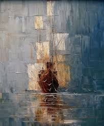 an abstract painting of a boat in the water